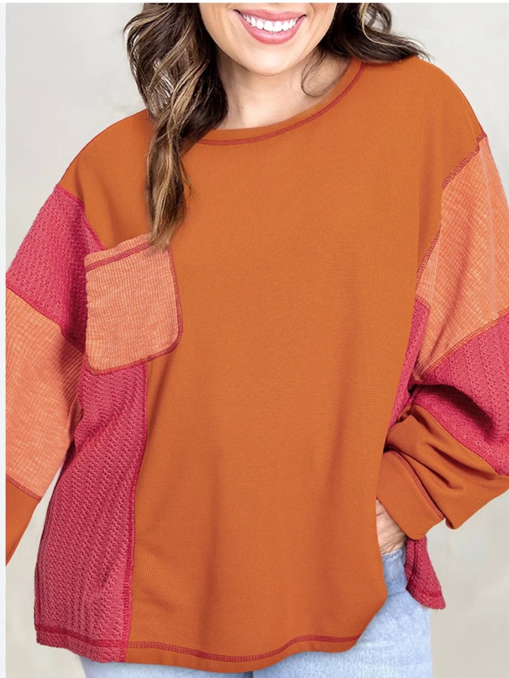 POL Orange and Pink Patchwork Waffle knit Crewneck Sweater